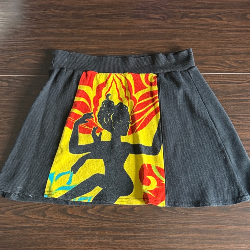 Hand Crafted Black Circle Skirt with Yellow, Red & Blue Graphic Panel